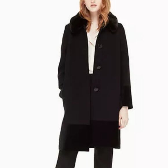 Kate Spade Faux Fur Collar Velvet Trim Black Wool Blend Coat 14 - Picture 2 of 8